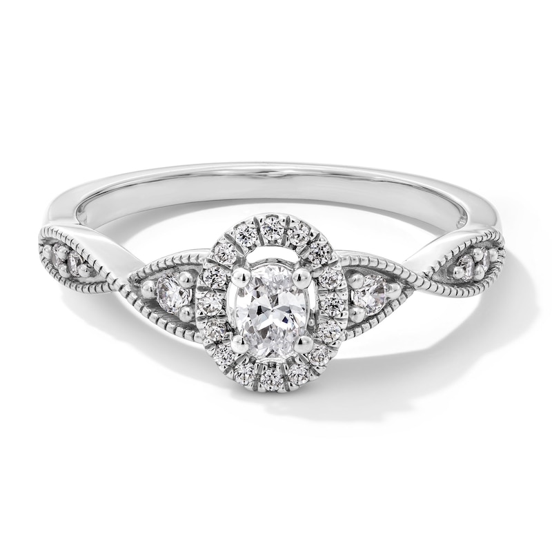 Main Image 1 of 1/3 CT. T.W. Oval Certified Lab-Grown Diamond Frame Twist Shank Promise Ring in Sterling Silver (F/SI2)