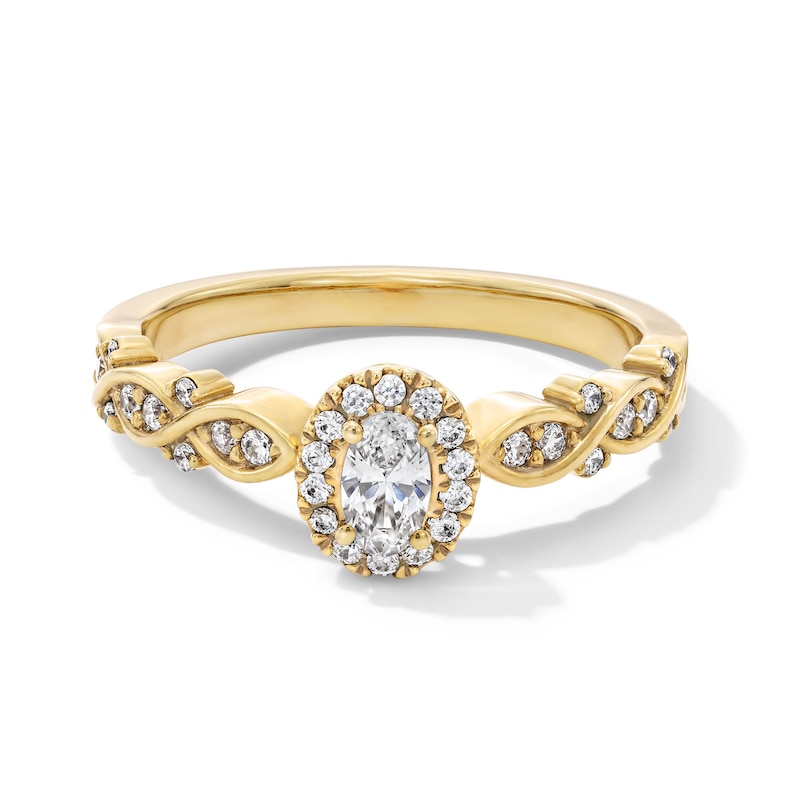 Main Image 1 of 1/2 CT. T.W. Oval Certified Lab-Grown Diamond Frame Promise Ring in 10K Gold (F/SI2)