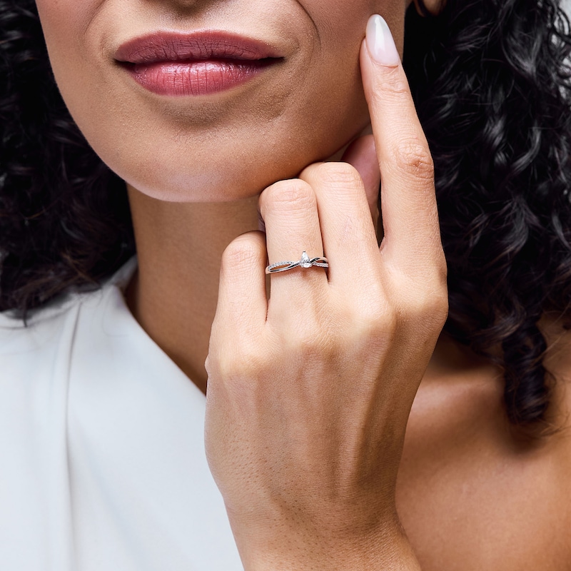 Main Image 2 of 1/4 CT. T.W. Pear-Shaped Certified Lab-Grown Diamond Crossover Shank Promise Ring in Sterlig Silver (F/SI2)