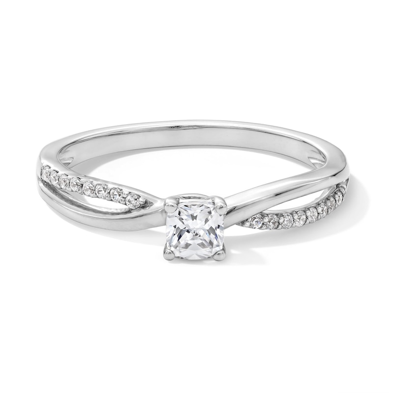Main Image 1 of 1/4 CT. T.W. Cushion-Cut Certified Lab-Grown Diamond Crossover Shank Promise Ring in Sterling Silver (F/SI2)