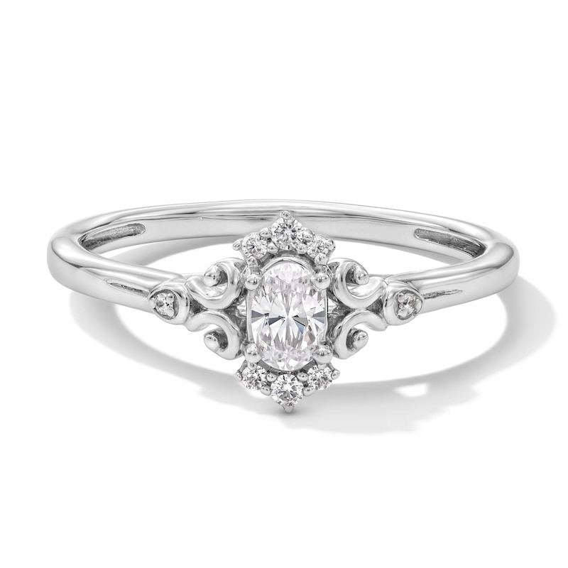 Main Image 1 of 1/4 CT. T.W. Oval Certified Lab-Grown Diamond Scroll Promise Ring in Sterling Silver (F/SI2)