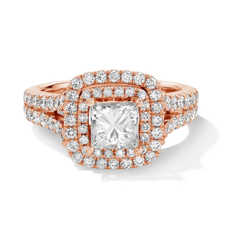 Main Image 1 of Vera Wang Love Collection 2-1/5 CT. T.W. Princess-Cut Diamond Double Frame Engagement Ring in 14K Rose Gold