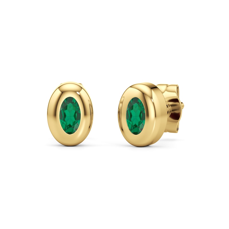 Main Image 2 of Oval-Shaped Lab-Created Emerald Solitaire Stud Earrings in Sterling Silver with 14K Gold Plate