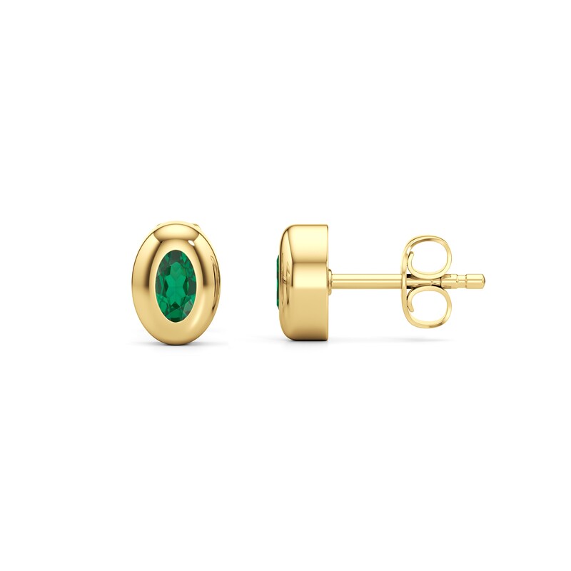 Main Image 3 of Oval-Shaped Lab-Created Emerald Solitaire Stud Earrings in Sterling Silver with 14K Gold Plate