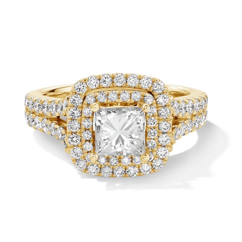 Main Image 1 of Vera Wang Love Collection 2-1/5 CT. T.W. Princess-Cut Diamond Double Frame Engagement Ring in 14K Gold