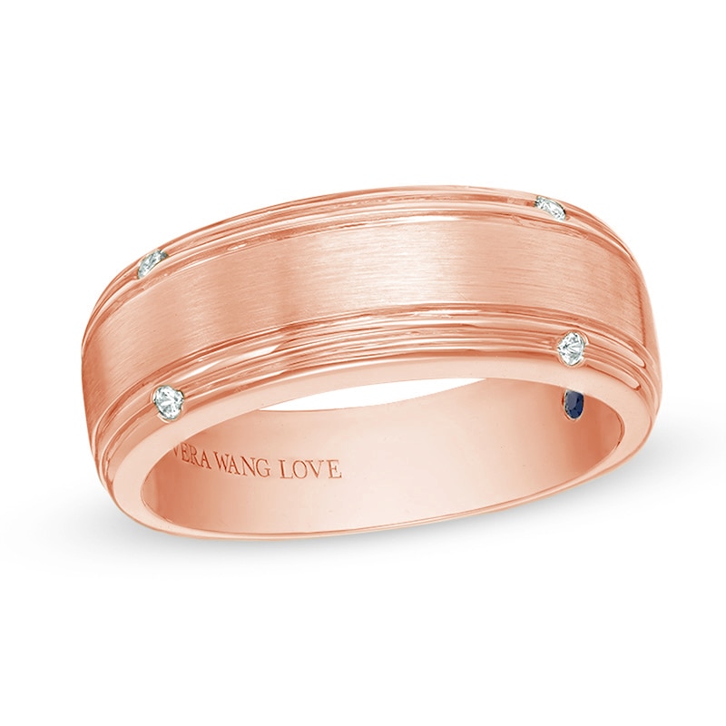 Main Image 1 of Vera Wang Love Collection Men’s 1/20 CT. T.W. Diamond Four-Stone Wedding Band in 14K Rose Gold