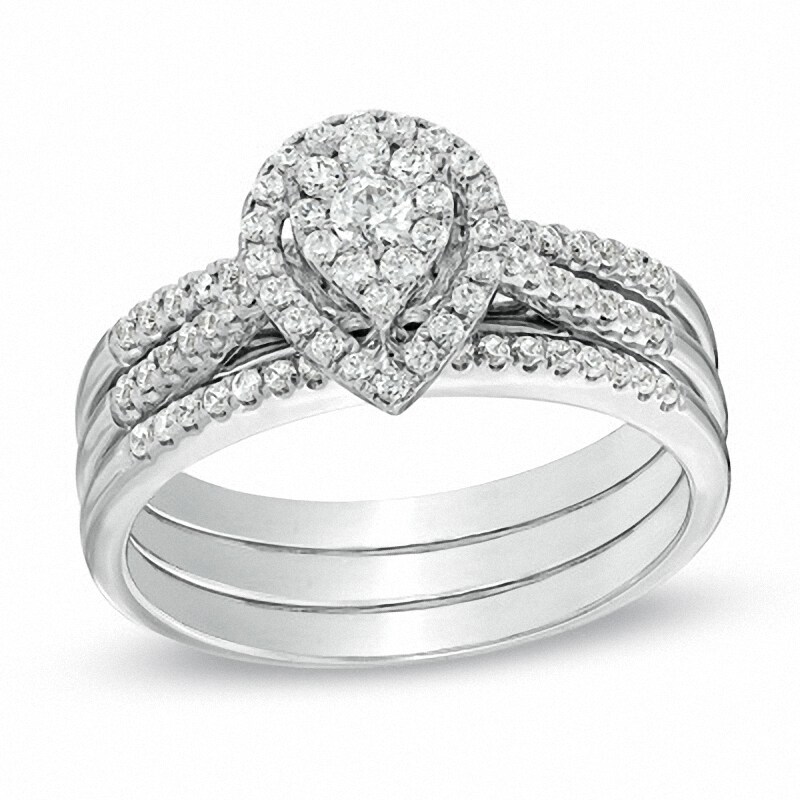 Main Image 1 of Previously Owned - 1/2 CT. T.W. Diamond Teardrop Cluster Soldered Bridal Set in 10K White Gold