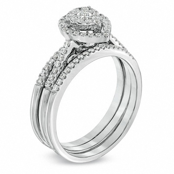 Previously Owned - 1/2 CT. T.w. Diamond Teardrop Cluster Soldered Bridal Set in 10K White Gold