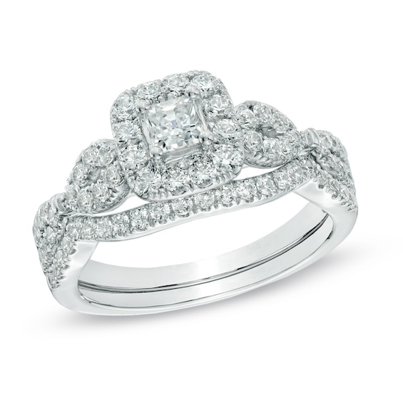 Previously Owned - 1 CT. T.w. Princess-Cut Diamond Frame Twist Soldered Bridal Set in 14K White Gold