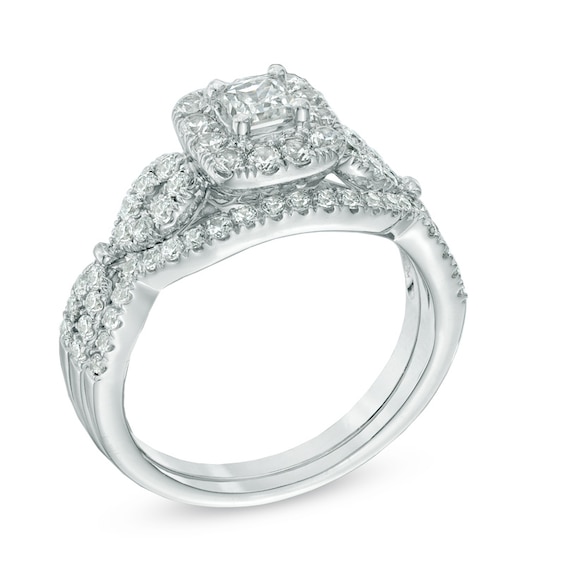 Previously Owned - 1 CT. T.w. Princess-Cut Diamond Frame Twist Soldered Bridal Set in 14K White Gold