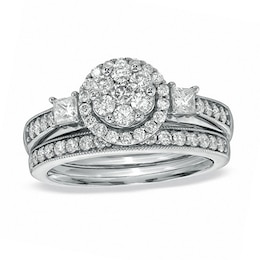 Previously Owned - 1 CT. T.W. Round and Princess-Cut Diamond Flower Soldered Bridal Set in 10K White Gold
