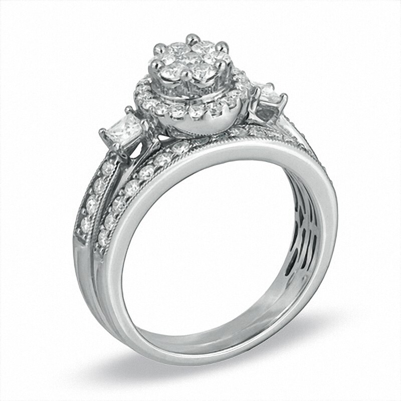 Main Image 2 of Previously Owned - 1 CT. T.W. Round and Princess-Cut Diamond Flower Soldered Bridal Set in 10K White Gold