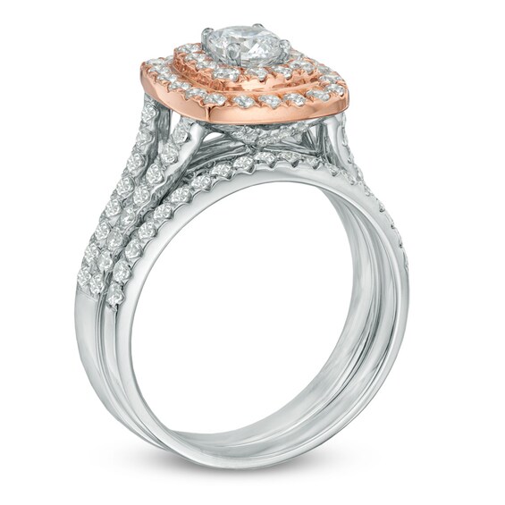 Previously Owned - 1-1/2 CT. T.w. Canadian Diamond Double Frame Soldered Bridal Set in 14K Two-Tone Gold