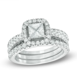 Previously Owned - 2-1/5 CT. T.W. Princess-Cut Diamond Frame Soldered Bridal Set in 14K White Gold