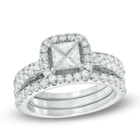 Previously Owned - 2-1/5 CT. T.w. Princess-Cut Diamond Frame Soldered Bridal Set in 14K White Gold