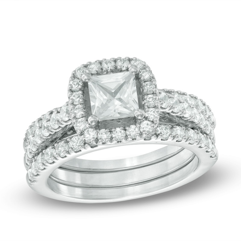 Main Image 1 of Previously Owned - 2-1/5 CT. T.W. Princess-Cut Diamond Frame Soldered Bridal Set in 14K White Gold