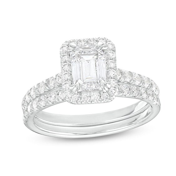 Previously Owned - 1-3/4 CT. T.w. Emerald-Cut Lab-Grown Diamond Frame Soldered Bridal Set in 14K White Gold