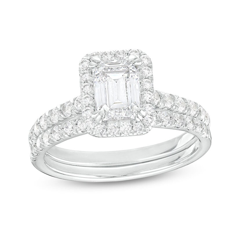 Main Image 1 of Previously Owned - 1-3/4 CT. T.W. Emerald-Cut Lab-Grown Diamond Frame Soldered Bridal Set in 14K White Gold