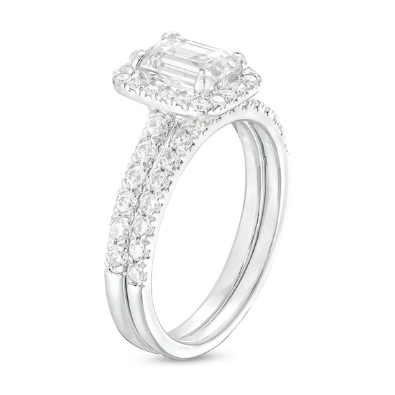 Previously Owned - 1-3/4 CT. T.w. Emerald-Cut Lab-Grown Diamond Frame Soldered Bridal Set in 14K White Gold