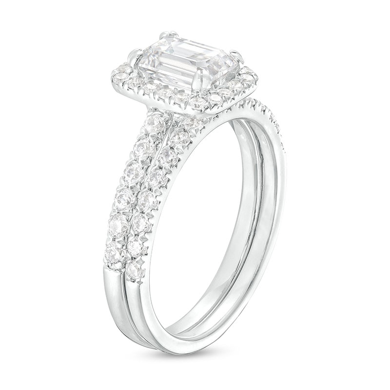 Main Image 3 of Previously Owned - 1-3/4 CT. T.W. Emerald-Cut Lab-Grown Diamond Frame Soldered Bridal Set in 14K White Gold