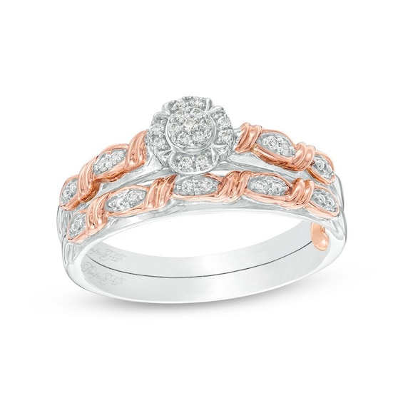 Previously Owned - 1/10 CT. T.w. Multi-Diamond Frame Twist Ribbon Interlocking Soldered Bridal Set in 10K Two-Tone Gold