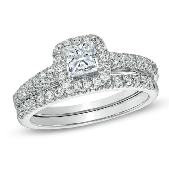 Previously Owned - Celebration Lux® 1-1/5 CT. T.w. Princess-Cut Diamond Soldered Bridal Set in 14K White Gold