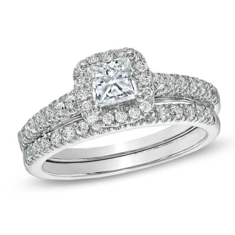 Main Image 1 of Previously Owned - Celebration Lux® 1-1/5 CT. T.W. Princess-Cut Diamond Soldered Bridal Set in 14K White Gold