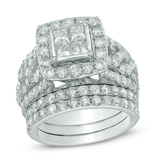 Previously Owned - 4 CT. T.w. Quad Princess-Cut Diamond Frame Soldered Bridal Set in 14K White Gold