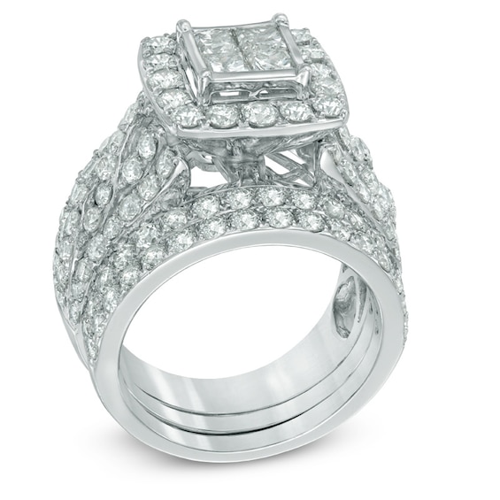Previously Owned - 4 CT. T.w. Quad Princess-Cut Diamond Frame Soldered Bridal Set in 14K White Gold