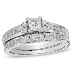 Previously Owned - 3/4 CT. T.W. Princess-Cut Diamond Soldered Bridal Set in 14K White Gold