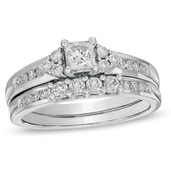 Previously Owned - 3/4 CT. T.w. Princess-Cut Diamond Soldered Bridal Set in 14K White Gold