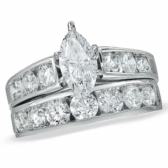 Previously Owned - 3 CT. T.w. Marquise Diamond Soldered Bridal Set in 14K White Gold with Diamond Accents