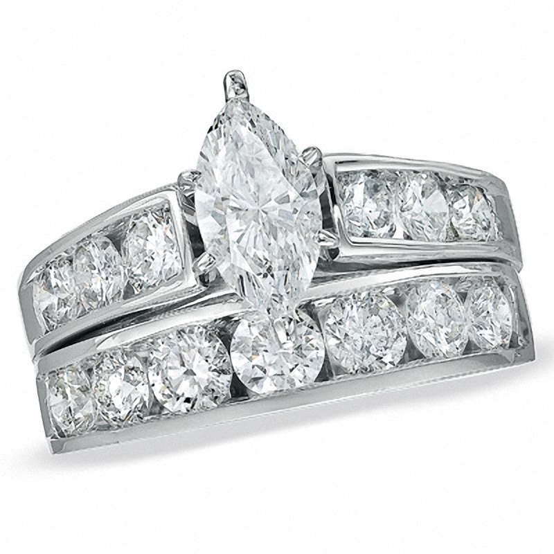 Main Image 1 of Previously Owned - 3 CT. T.W. Marquise Diamond Soldered Bridal Set in 14K White Gold with Diamond Accents