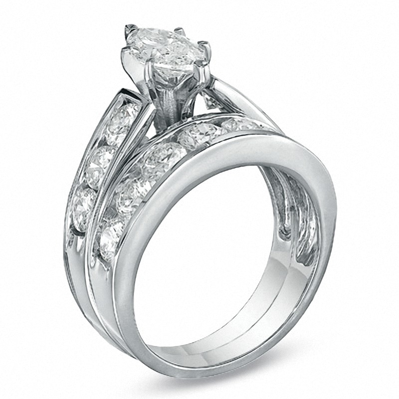 Main Image 2 of Previously Owned - 3 CT. T.W. Marquise Diamond Soldered Bridal Set in 14K White Gold with Diamond Accents