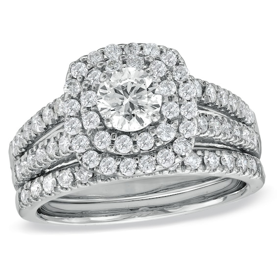 Previously Owned - 1-1/2 CT. T.w. Diamond Double Frame Soldered Bridal Set in 14K White Gold