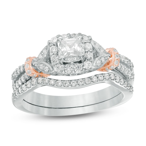 Previously Owned - 5/8 CT. T.w. Princess-Cut Diamond Vintage-Style Soldered Bridal Set in 14K Two-Tone Gold