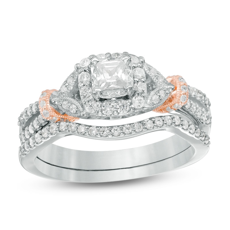 Main Image 1 of Previously Owned - 5/8 CT. T.W. Princess-Cut Diamond Vintage-Style Soldered Bridal Set in 14K Two-Tone Gold