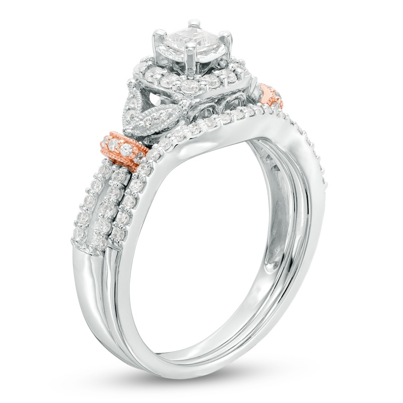 Main Image 2 of Previously Owned - 5/8 CT. T.W. Princess-Cut Diamond Vintage-Style Soldered Bridal Set in 14K Two-Tone Gold