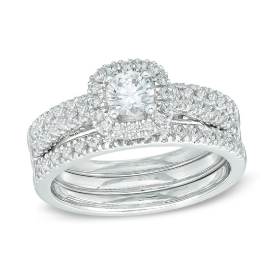 Previously Owned - 1 CT. T.w. Diamond Frame Three Piece Soldered Bridal Set in 14K White Gold