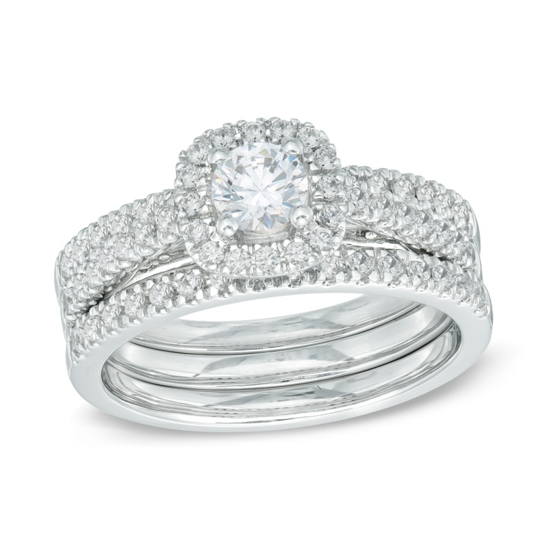 Main Image 1 of Previously Owned - 1 CT. T.W. Diamond Frame Three Piece Soldered Bridal Set in 14K White Gold