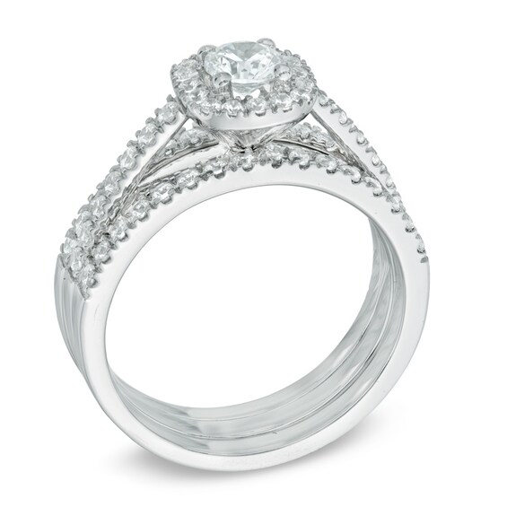 Previously Owned - 1 CT. T.w. Diamond Frame Three Piece Soldered Bridal Set in 14K White Gold