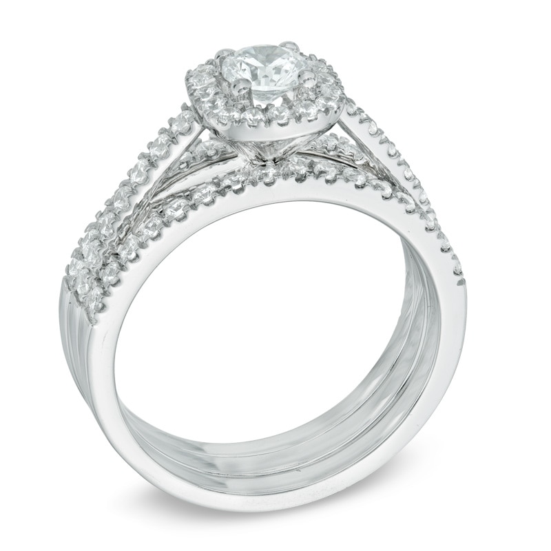Main Image 2 of Previously Owned - 1 CT. T.W. Diamond Frame Three Piece Soldered Bridal Set in 14K White Gold