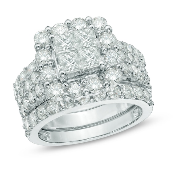Previously Owned - 4 CT. T.w. Quad Princess-Cut Diamond Frame Soldered Bridal Set in 14K White Gold