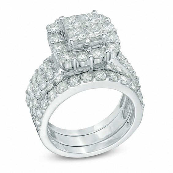 Previously Owned - 4 CT. T.w. Quad Princess-Cut Diamond Frame Soldered Bridal Set in 14K White Gold