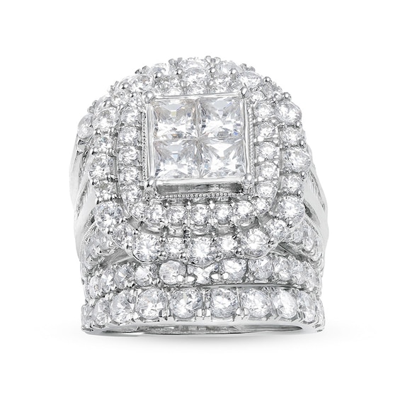Previously Owned - 7 CT. T.w. Quad Princess-Cut Diamond Cushion-Shaped Frame Vintage-Style Soldered Bridal Set in 14K White Gold