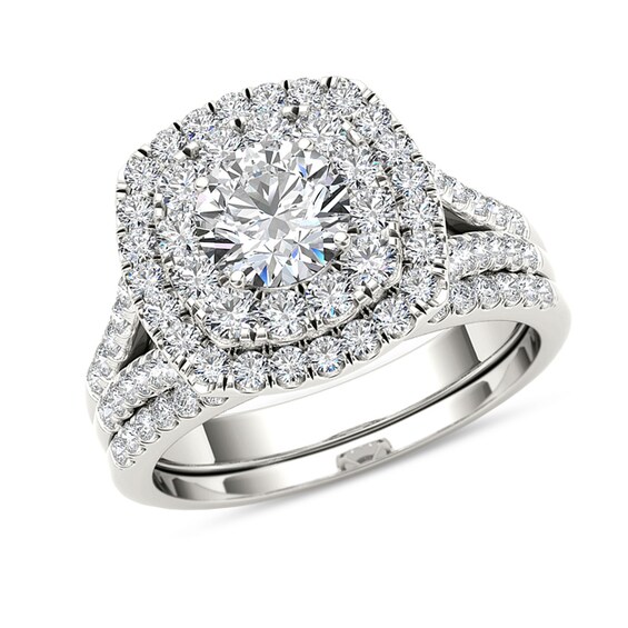 Previously Owned - 2 CT. T.w. Diamond Double Cushion Frame Split Shank Soldered Bridal Set in 14K White Gold