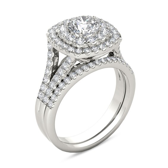 Previously Owned - 2 CT. T.w. Diamond Double Cushion Frame Split Shank Soldered Bridal Set in 14K White Gold