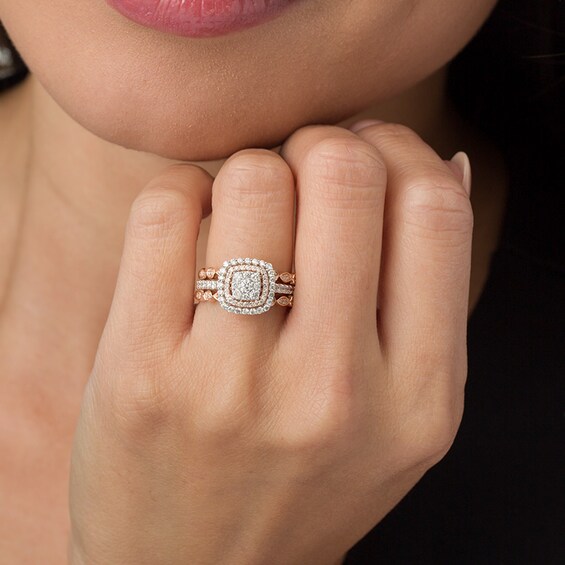 Previously Owned - 7/8 CT. T.w. Multi-Diamond Double Cushion Frame Art Deco Soldered Bridal Set in 14K Two-Tone Gold