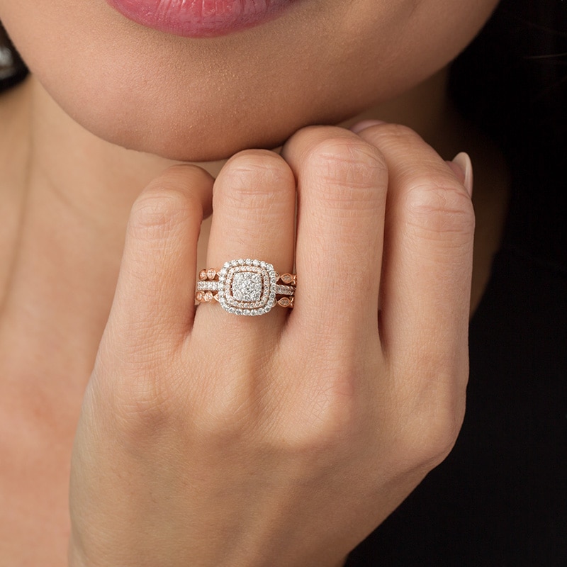 Main Image 3 of Previously Owned - 7/8 CT. T.W. Multi-Diamond Double Cushion Frame Art Deco Soldered Bridal Set in 14K Two-Tone Gold