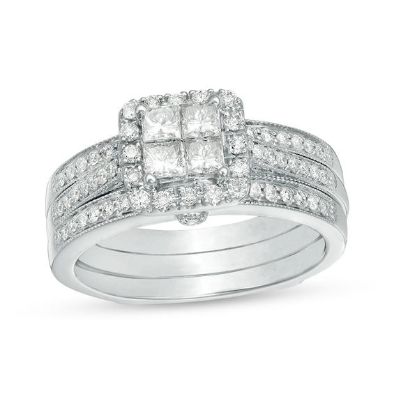 Previously Owned - 3/4 CT. T.w. Quad Princess-Cut Diamond Frame Vintage-Style Soldered Bridal Set in 10K White Gold